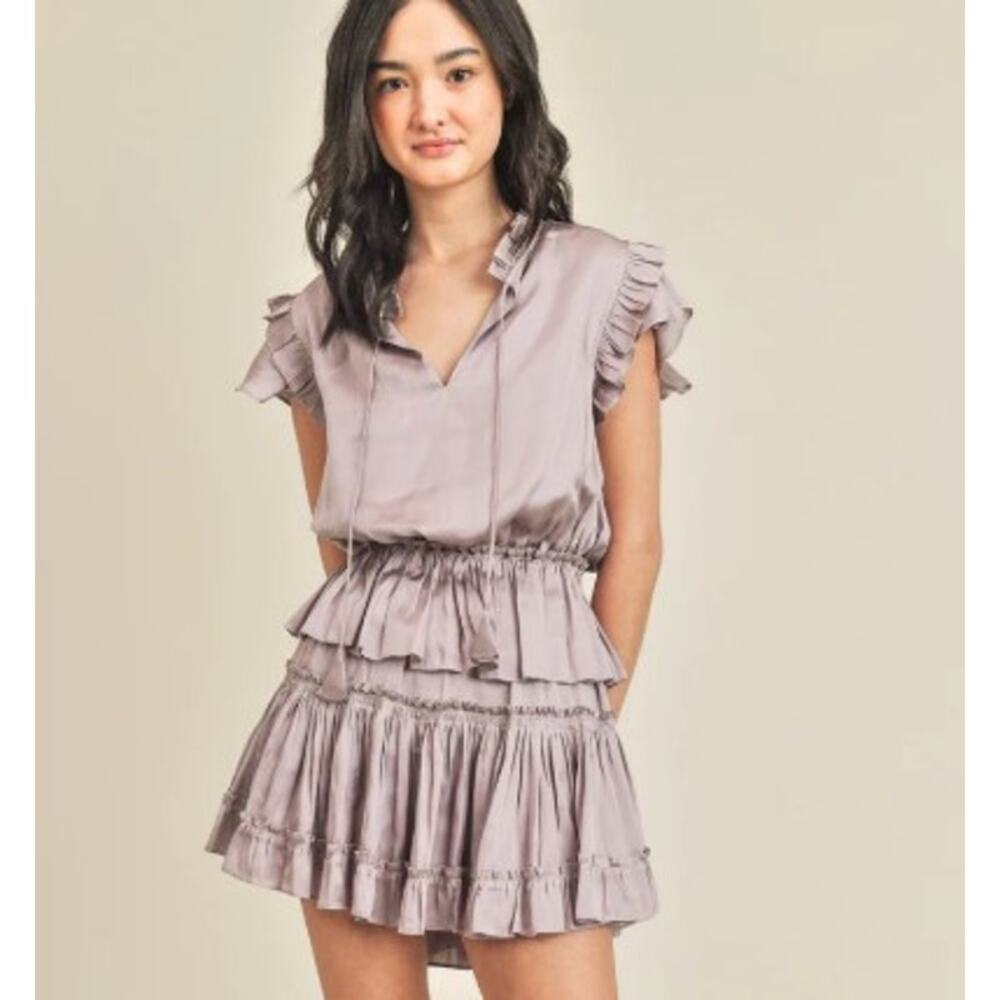 RESET Claire Satin Tiered Pleated Satin Mini Dress Size Small Lavender